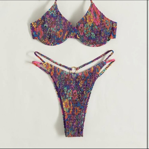 Floral Print Smocked Halter Underwire Bikini Swimsuit - Picture 3 of 6